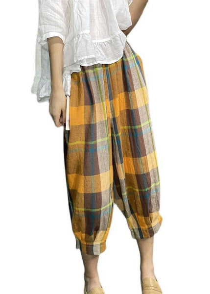 Loose Yellow Pockets Plaid Wrinkled Cotton Lantern Pants Summer LY0604