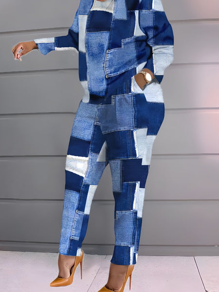Plus Size Imitation Denim Patchwork Pocket Design Pants Set BO216