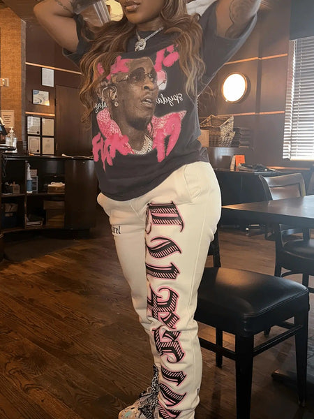 Pocket Design Pattern Figure Print Letter Skinny Two-piece Pants Set BO2119