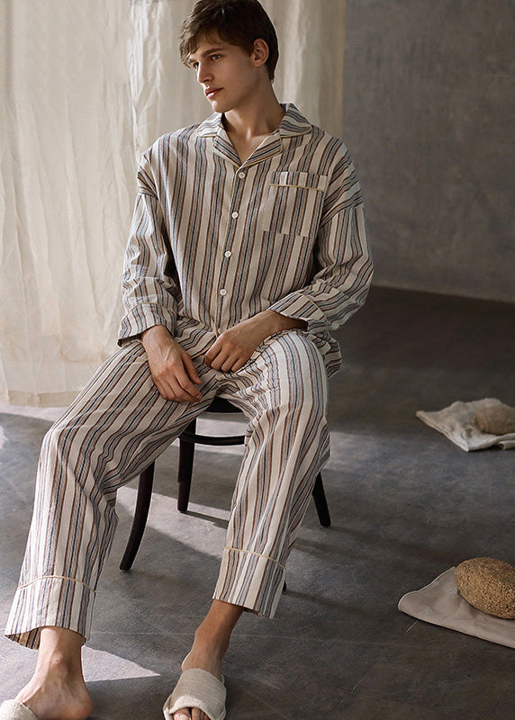 Man Peter Pan Collar Striped Button Cotton Pajamas Two Pieces Set Long Sleeve TO1026