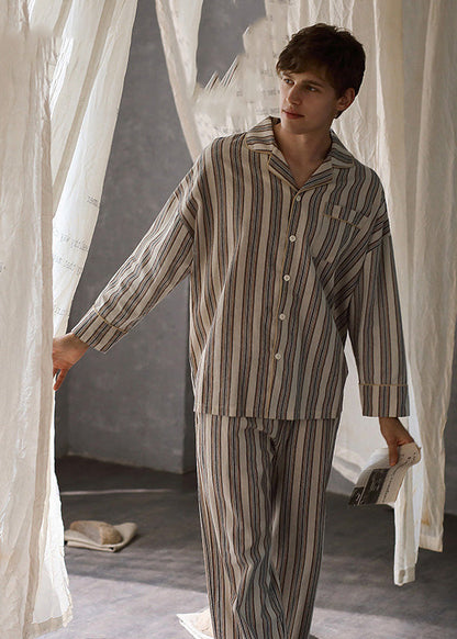 Man Peter Pan Collar Striped Button Cotton Pajamas Two Pieces Set Long Sleeve LY1893