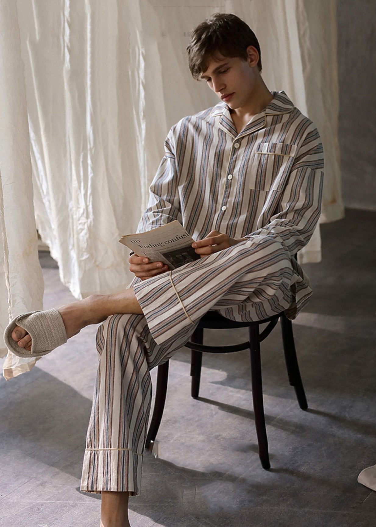 Man Peter Pan Collar Striped Button Cotton Pajamas Two Pieces Set Long Sleeve LY1893