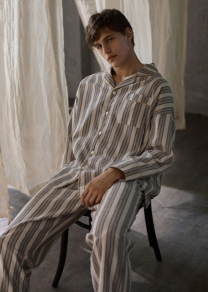 Man Peter Pan Collar Striped Button Cotton Pajamas Two Pieces Set Long Sleeve LY1893