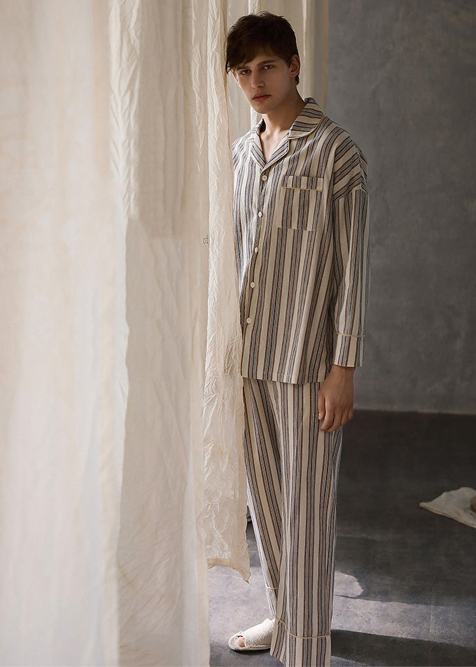 Man Peter Pan Collar Striped Button Cotton Pajamas Two Pieces Set Long Sleeve LY1893