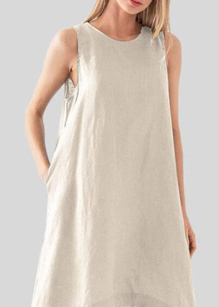 Modern Apricot O Neck Pockets Patchwork Cotton Dress Sleeveless LC0462