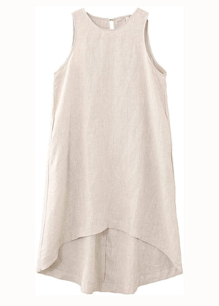 Modern Apricot O Neck Pockets Patchwork Cotton Dress Sleeveless LC0462