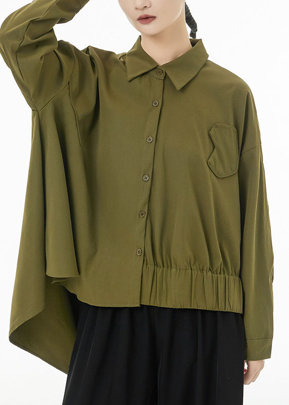 Modern Army Green Asymmetrical Design Cotton Blouses Spring LC0141