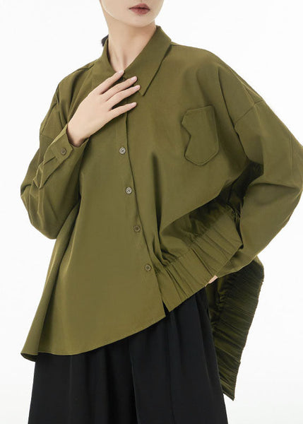 Modern Army Green Asymmetrical Design Cotton Blouses Spring LC0141