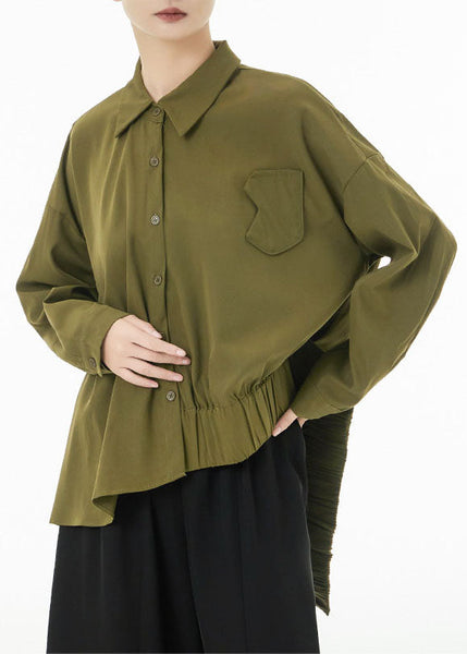 Modern Army Green Asymmetrical Design Cotton Blouses Spring LC0141