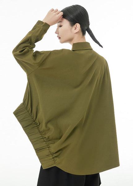 Modern Army Green Asymmetrical Design Cotton Blouses Spring LC0141