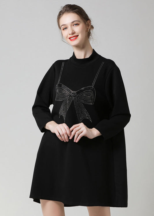 Modern Black High Neck Ruffled Patchwork Bow Cotton Robe Dresses Spring LY0276