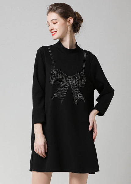 Modern Black High Neck Ruffled Patchwork Bow Cotton Robe Dresses Spring LY0276