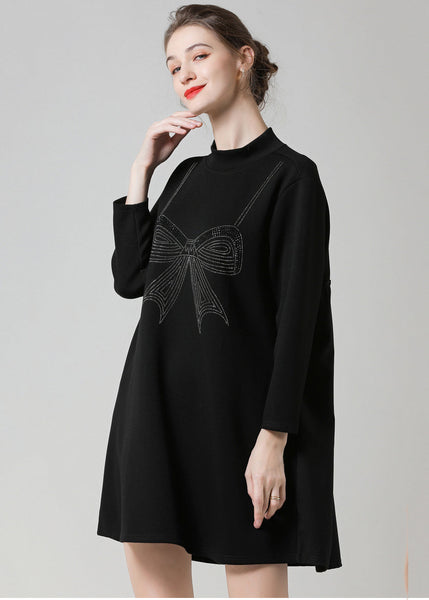 Modern Black High Neck Ruffled Patchwork Bow Cotton Robe Dresses Spring LY0276