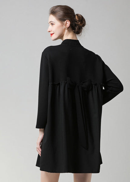 Modern Black High Neck Ruffled Patchwork Bow Cotton Robe Dresses Spring LY0276