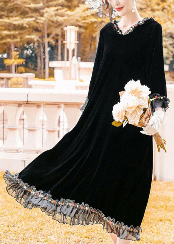 Modern Black Hooded Patchwork Ruffles Silk Velour Long Dress Spring LY1068