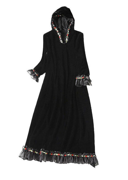 Modern Black Hooded Patchwork Ruffles Silk Velour Long Dress Spring LY1068