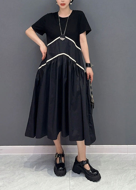 Modern Black O-Neck Patchwork Cotton Long Dress Spring LY0554