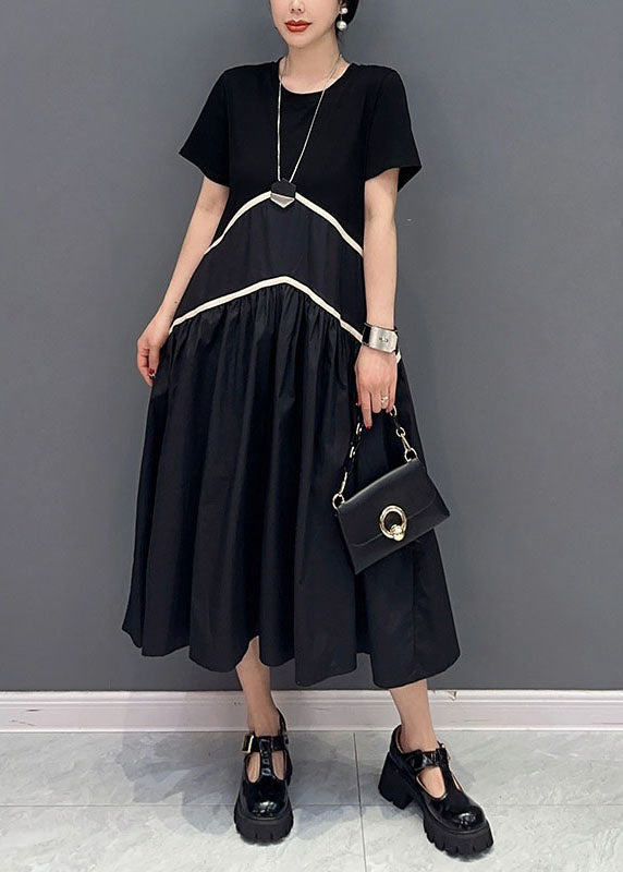 Modern Black O-Neck Patchwork Cotton Long Dress Spring LY0554