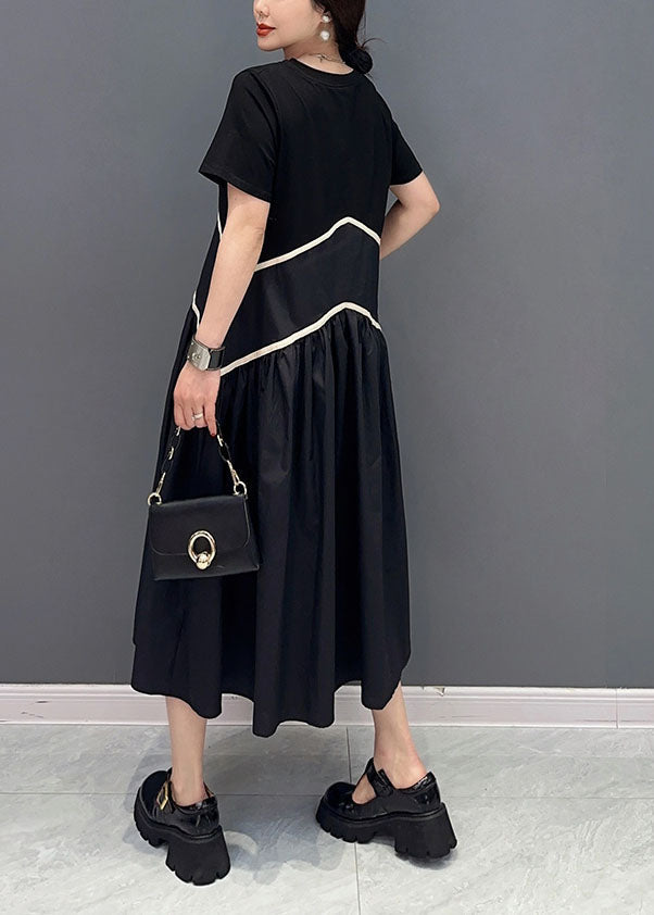 Modern Black O-Neck Patchwork Cotton Long Dress Spring LY0554