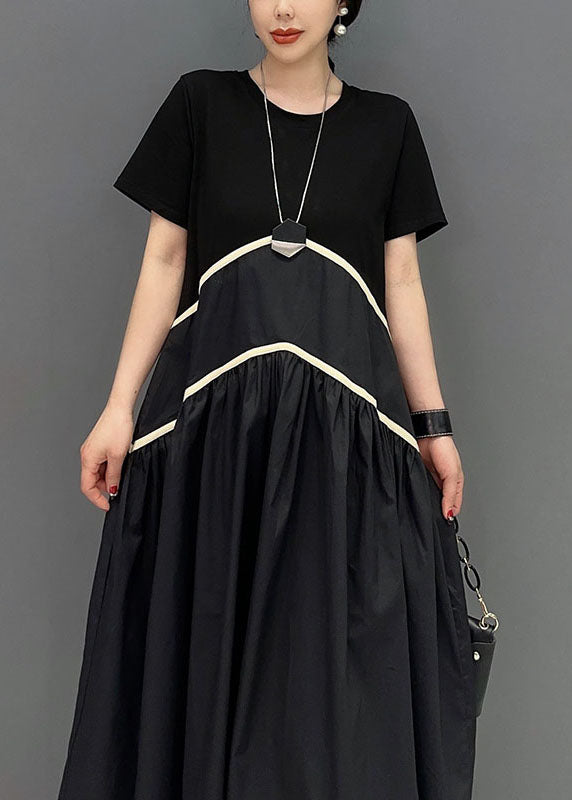 Modern Black O-Neck Patchwork Cotton Long Dress Spring LY0554