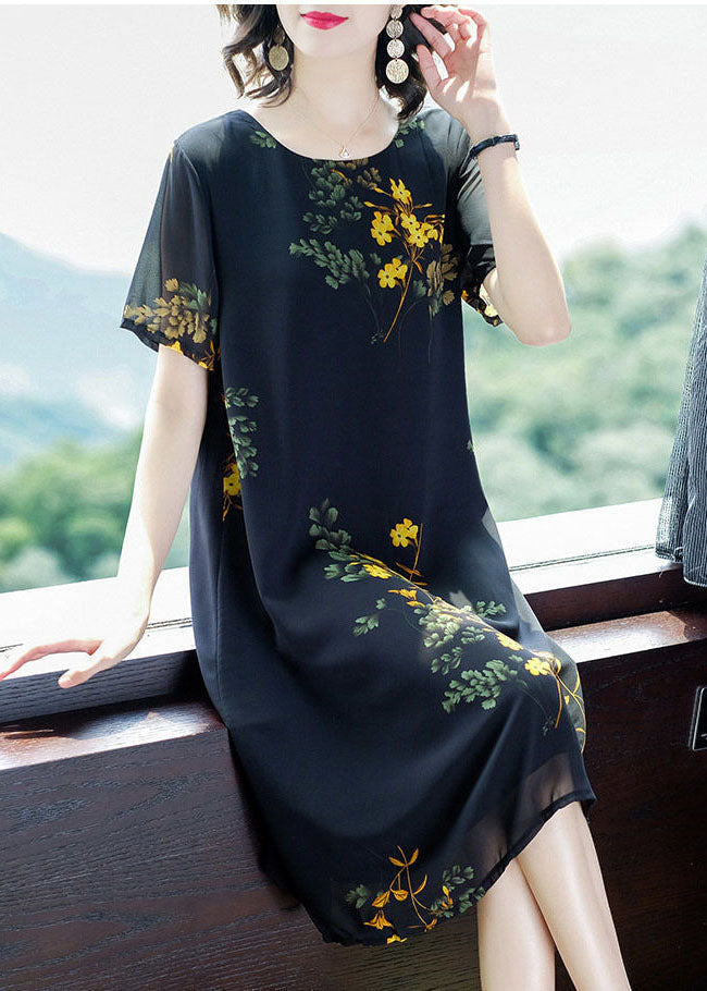 Modern Black O-Neck Print Draping Chiffon Maxi Dresses Summer TH1026