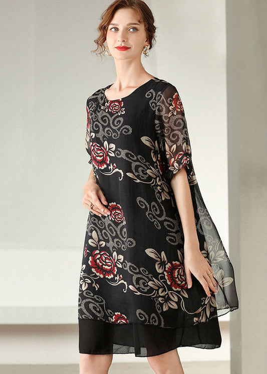 Modern Black O Neck Print Patchwork Silk Dress Summer LY0008