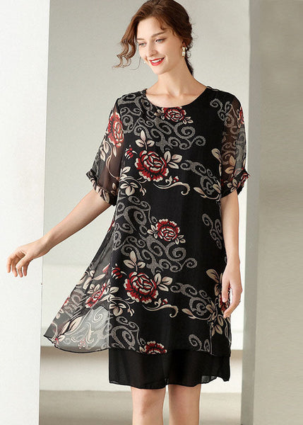 Robe d'été moderne en soie patchwork imprimée à col rond noir LY0008