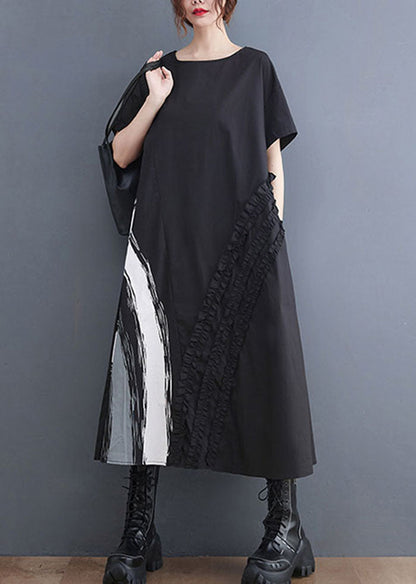 Modern Black O-Neck Ruffled Print Cotton A Line Dress Short Sleeve AC2044