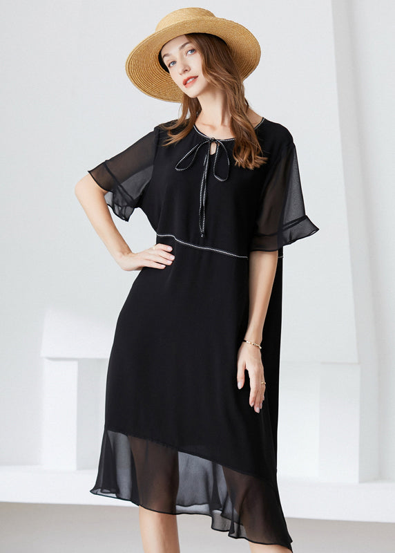 Modern Black O-Neck Ruffles Lace Up Chiffon Long Dress Summer LY0293