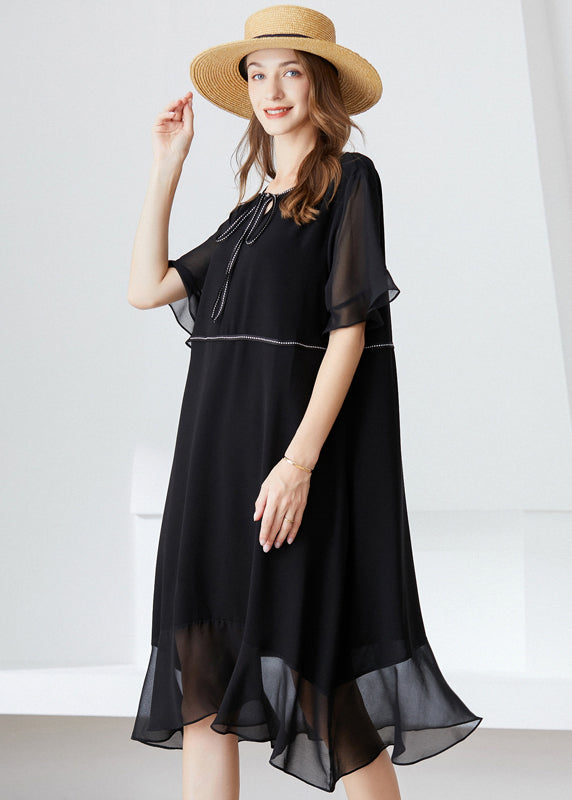 Modern Black O-Neck Ruffles Lace Up Chiffon Long Dress Summer LY0293