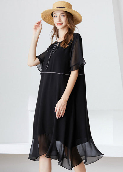 Modern Black O-Neck Ruffles Lace Up Chiffon Long Dress Summer LY0293