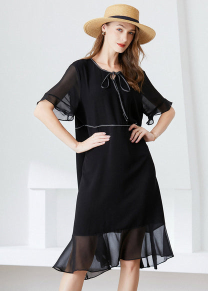 Modern Black O-Neck Ruffles Lace Up Chiffon Long Dress Summer LY0293