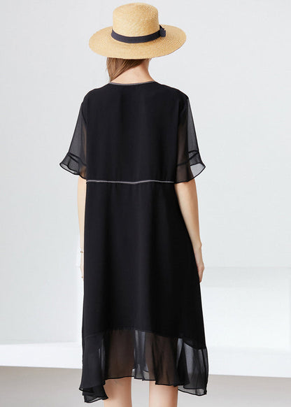 Modern Black O-Neck Ruffles Lace Up Chiffon Long Dress Summer LY0293