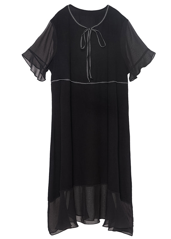 Modern Black O-Neck Ruffles Lace Up Chiffon Long Dress Summer LY0293