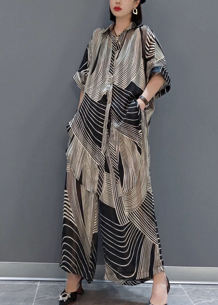 Modern Black Oversized Striped Draping Chiffon Two-Piece Set Summer LY1594
