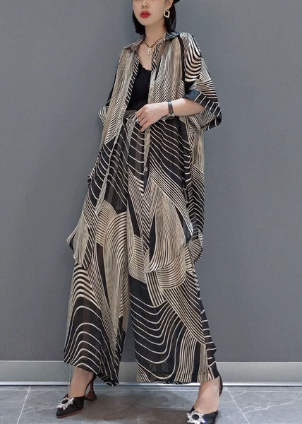 Modern Black Oversized Striped Draping Chiffon Two-Piece Set Summer LY1594