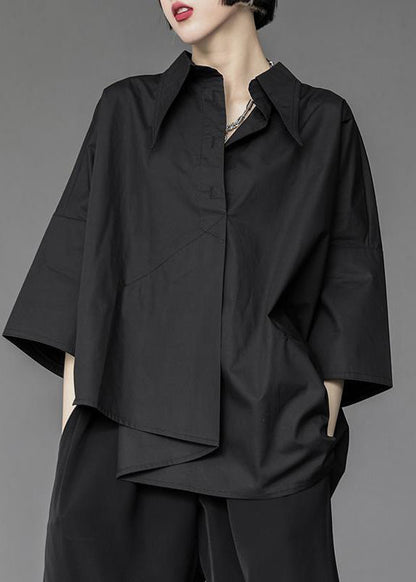 Modern Black Peter Pan Collar Asymmetrical Patchwork Button Shirt Spring AH036