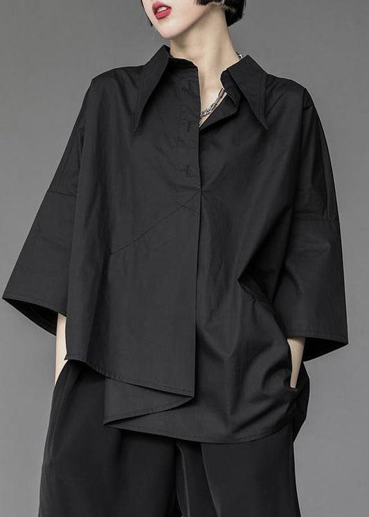 Modern Black Peter Pan Collar Asymmetrical Patchwork Button Shirt Spring AH036