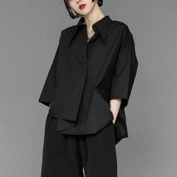 Modern Black Peter Pan Collar Asymmetrical Patchwork Button Shirt Spring AH036