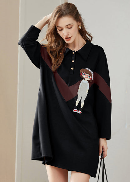 Modern Black Peter Pan Collar Character Print Cotton Sweatshirts Dress Spring LY0265