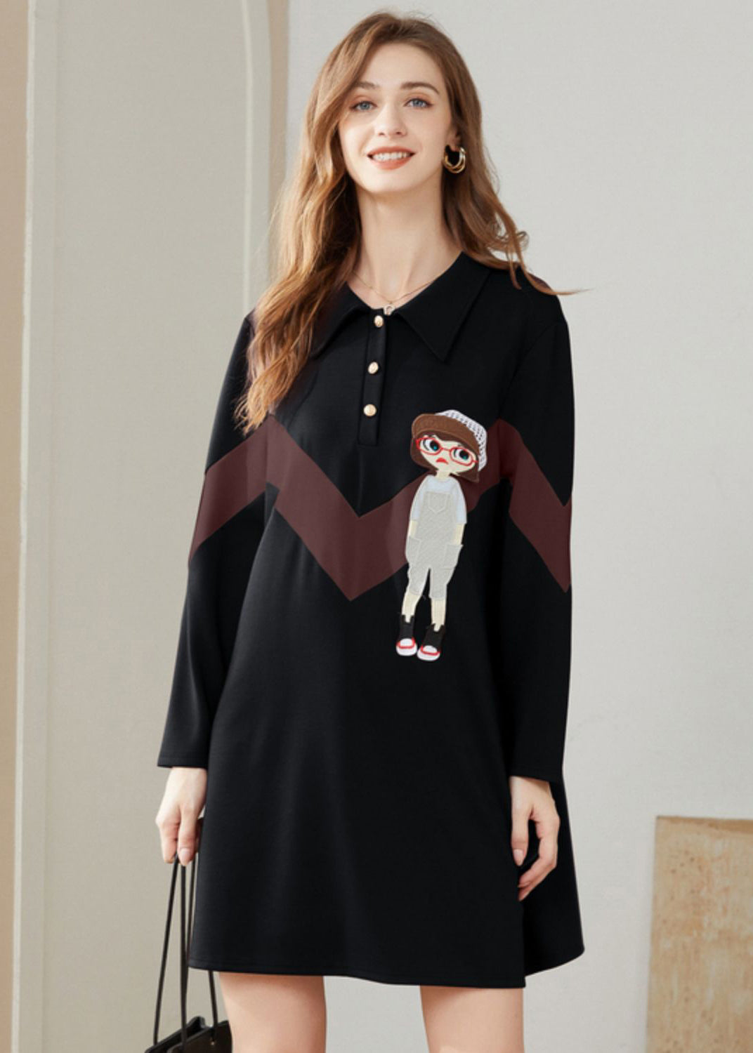 Modern Black Peter Pan Collar Character Print Cotton Sweatshirts Dress Spring LY0265