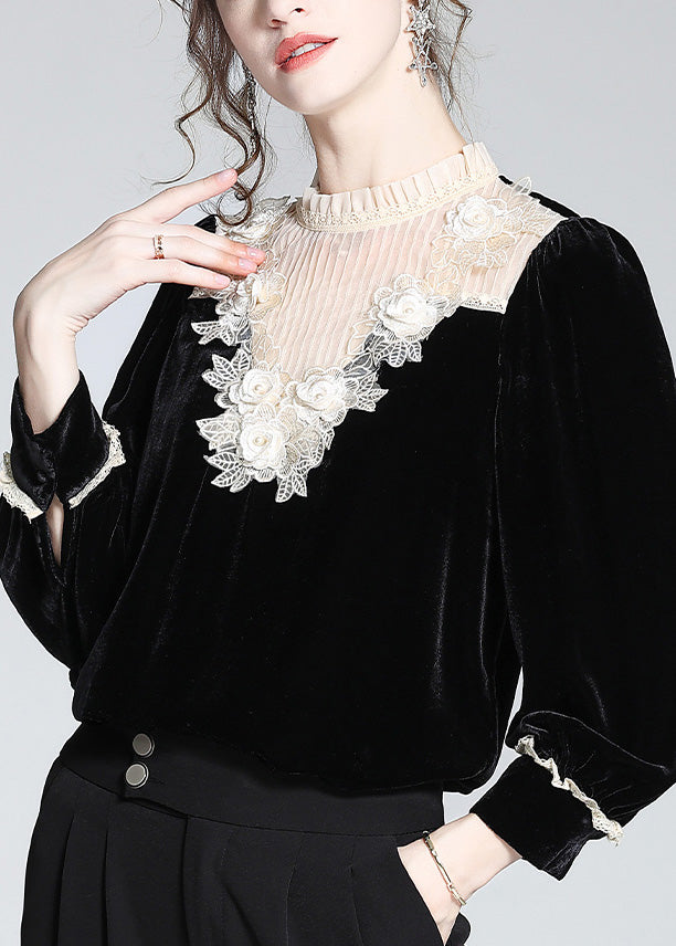 Modern Black Stand Collar Lace Patchwork Silk Velour Tops Spring LY0704