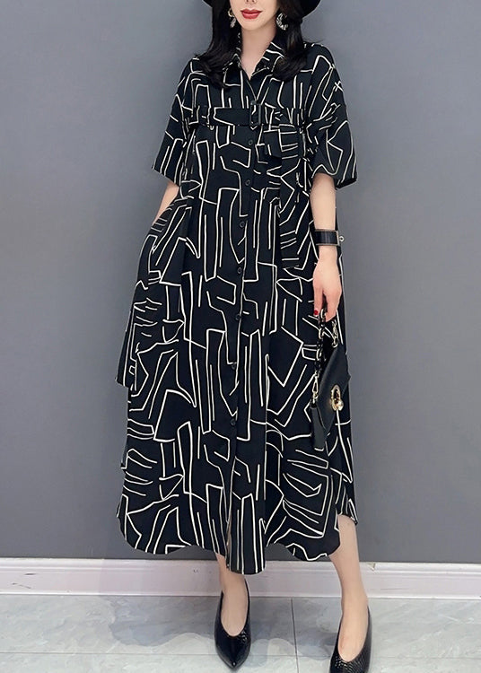 Modern Black Striped Button Long Shirts Dress Spring LC0296