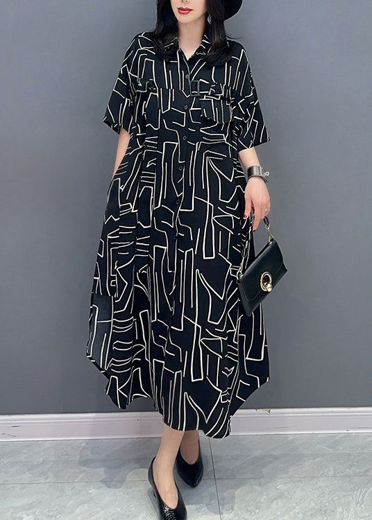 Modern Black Striped Button Long Shirts Dress Spring LC0296