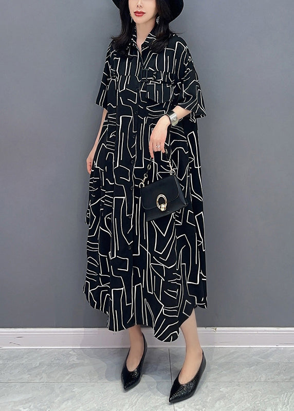 Modern Black Striped Button Long Shirts Dress Spring LC0296