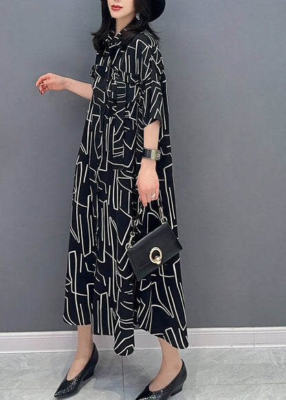 Modern Black Striped Button Long Shirts Dress Spring LC0296