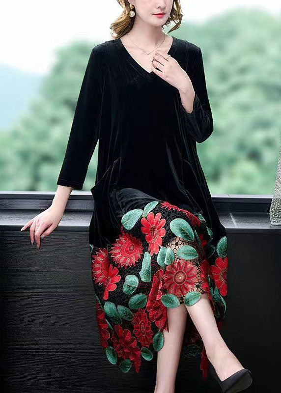 Modern Black V Neck Floral Patchwork Hollow Out Silk Velour Dress Spring LC0200