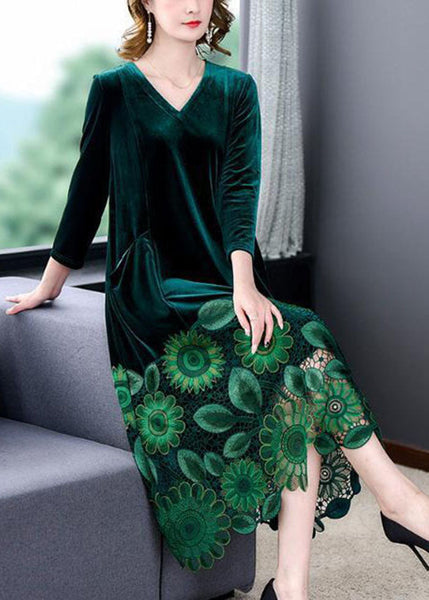Modern Black V Neck Floral Patchwork Hollow Out Silk Velour Dress Spring LY1694