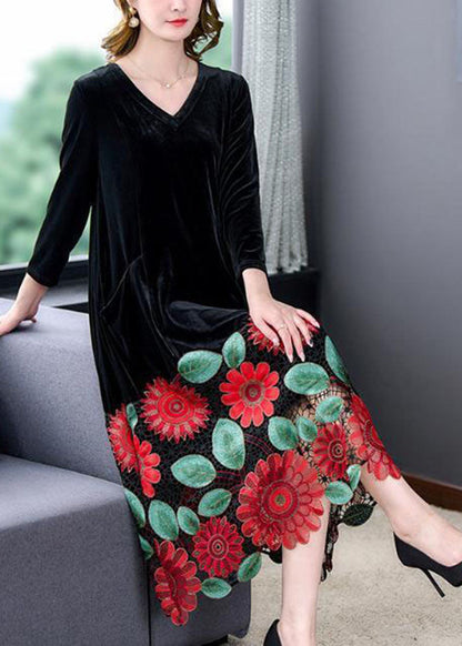 Modern Black V Neck Floral Patchwork Hollow Out Silk Velour Dress Spring LC0200