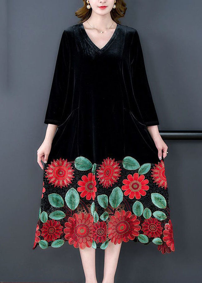 Modern Black V Neck Floral Patchwork Hollow Out Silk Velour Dress Spring LY1694